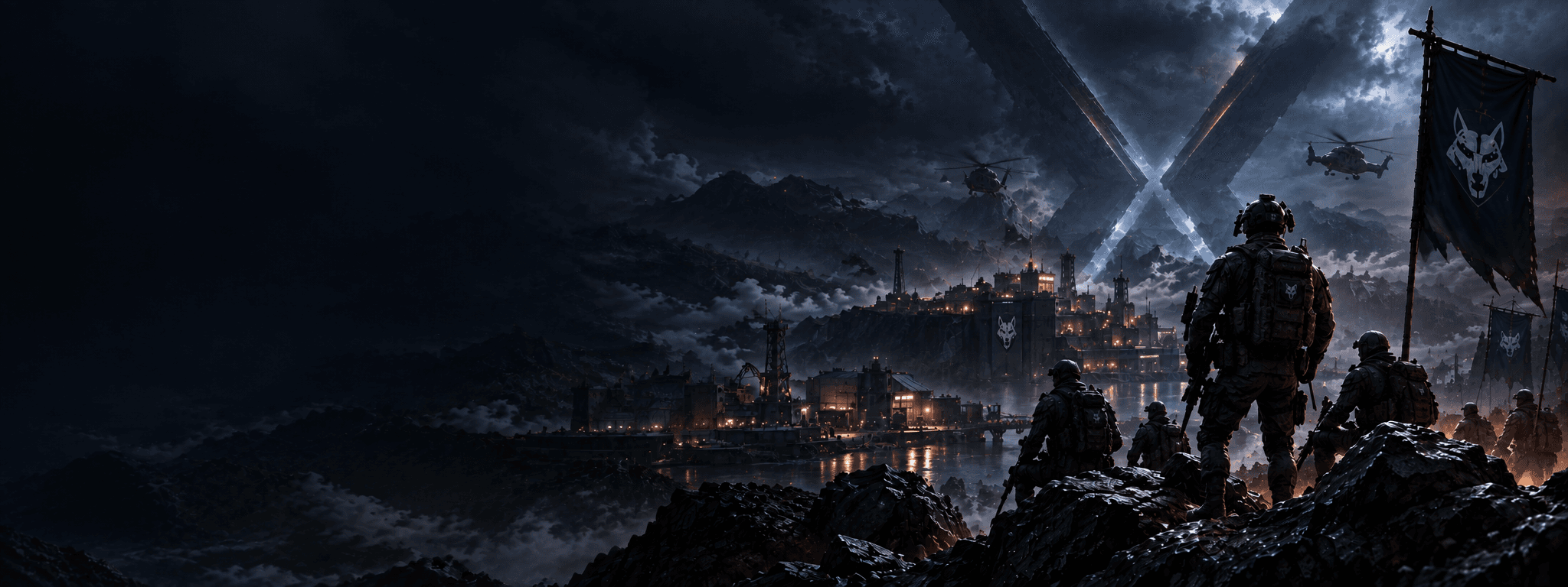 A squad on a ridge beneath the EXTREME sigil, overlooking a lit city