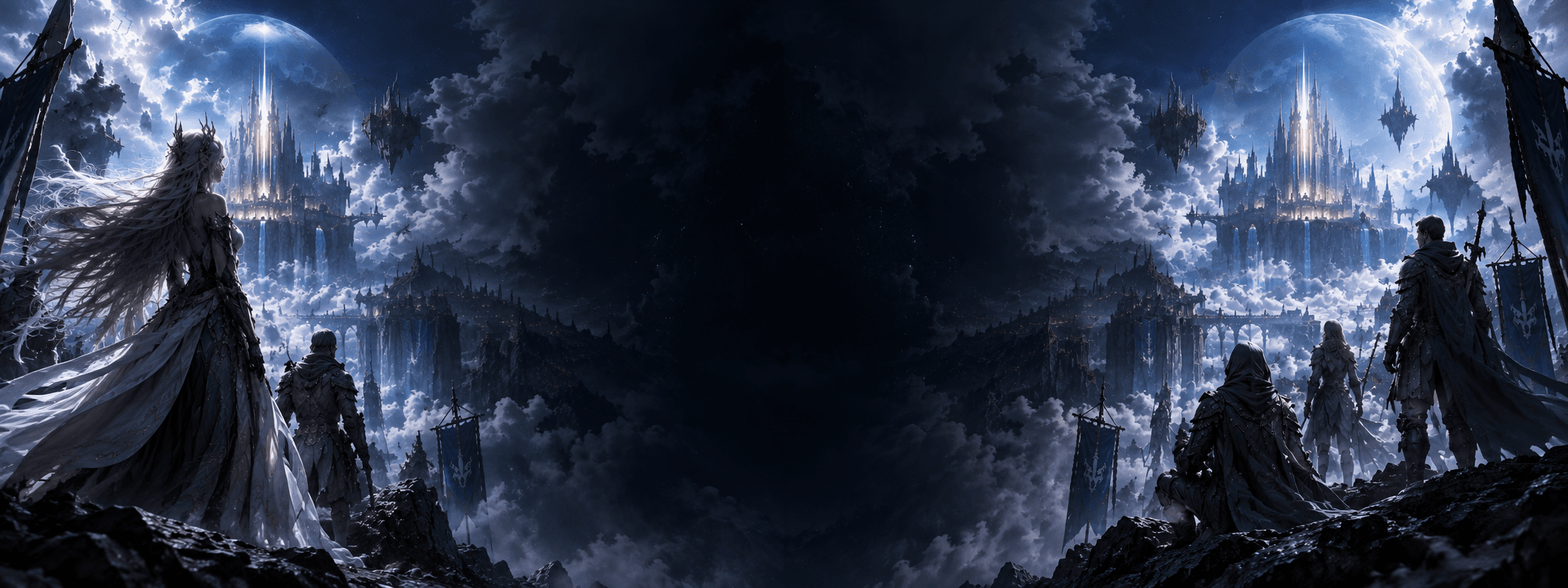 Two war parties facing a moonlit city across the clouds